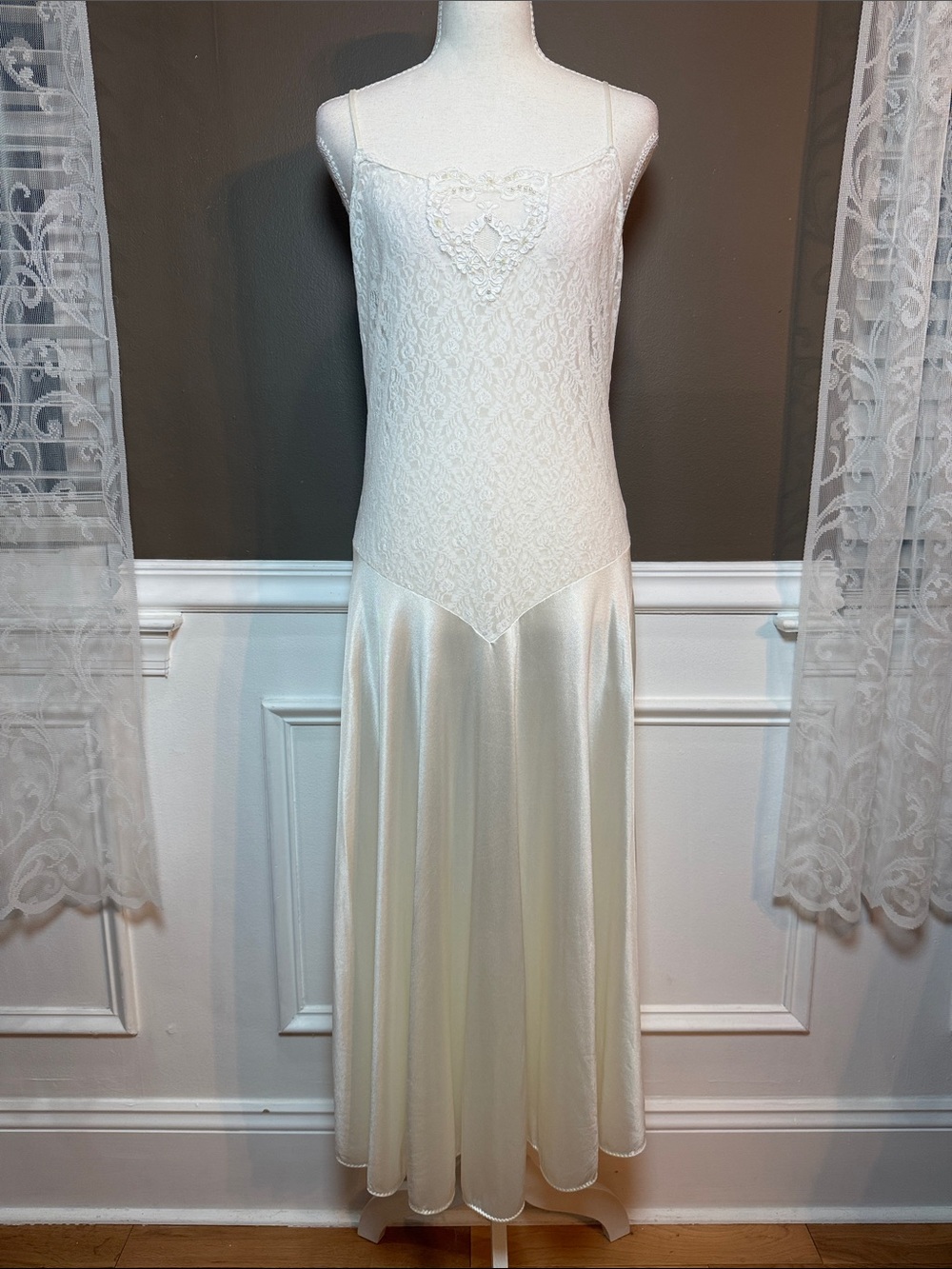 Ivory Lace & Satin Maxi Dress with Beaded Heart Detail